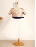 Short Sleeves Champagne Sequin Ivory Tulle Knee Length Flower Girl Dress